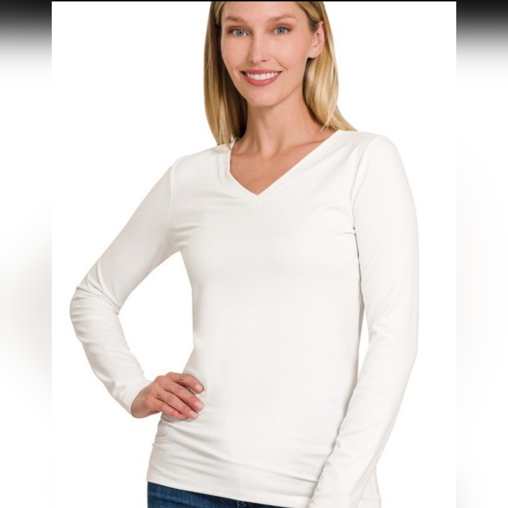 Off white Brushed Microfiber long sleeve vneck top